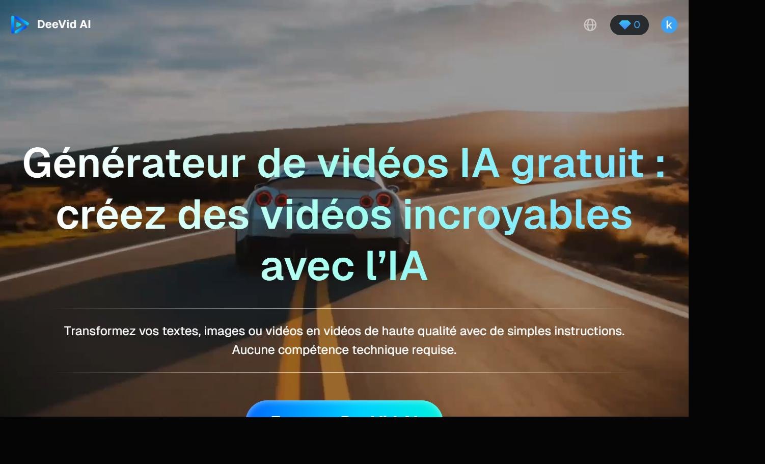 Deevid AI homepage positioning itself as a free AI video generator that turns text, images and video into finished clips