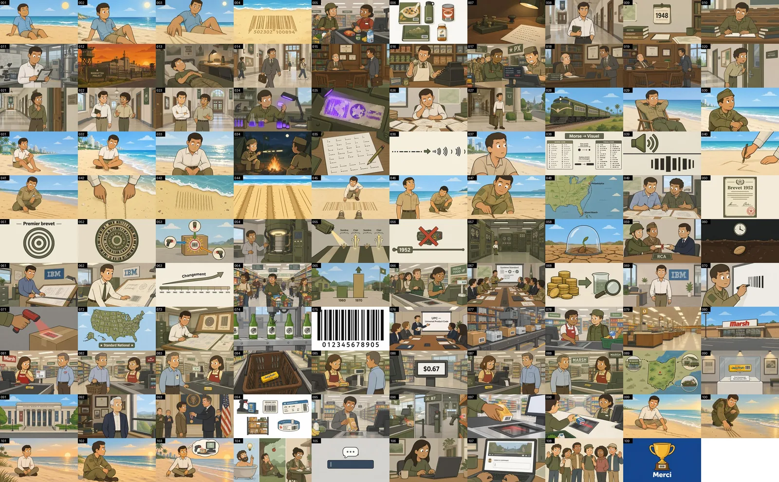 Contact sheet of the 109 scene images NimbleVid generated for a 9-minute video on the invention of the barcode