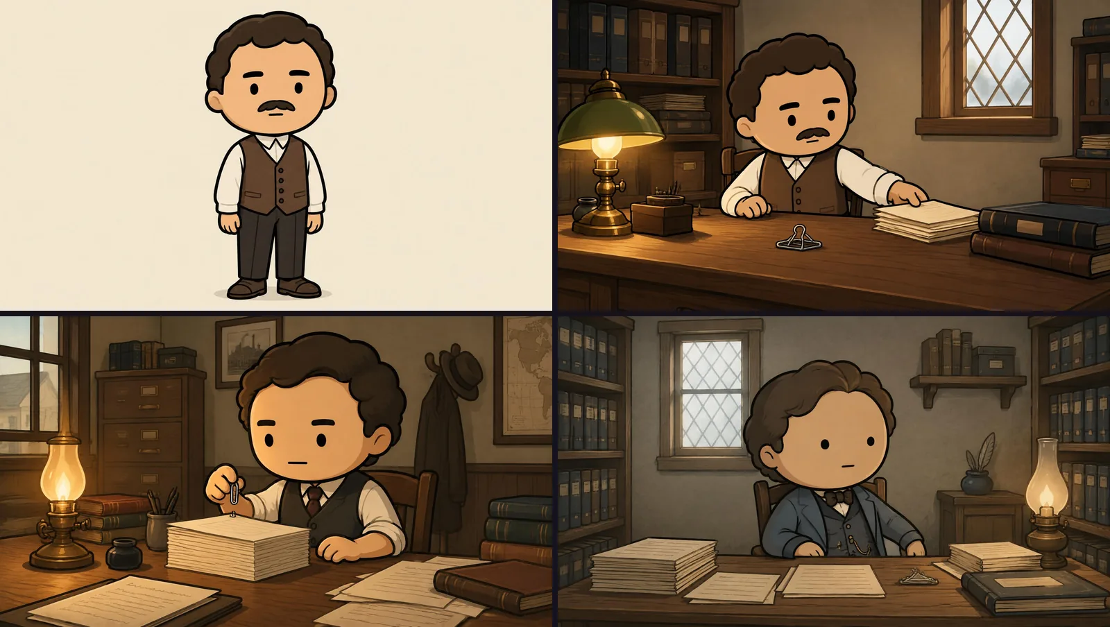 NimbleVid reference image of the Henri character and three scenes, two of which lose his mustache and brown vest