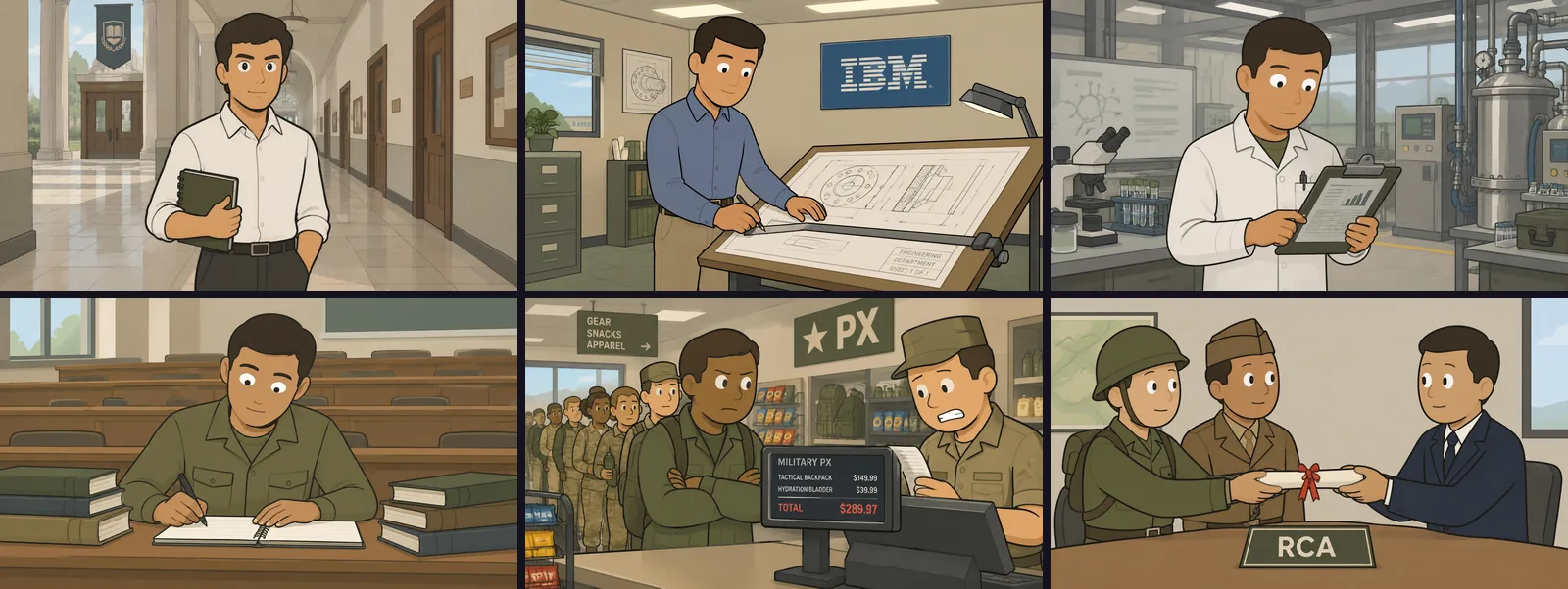 Six NimbleVid scenes of the same character, in a white shirt and at IBM on top, in military fatigues and an army PX store below