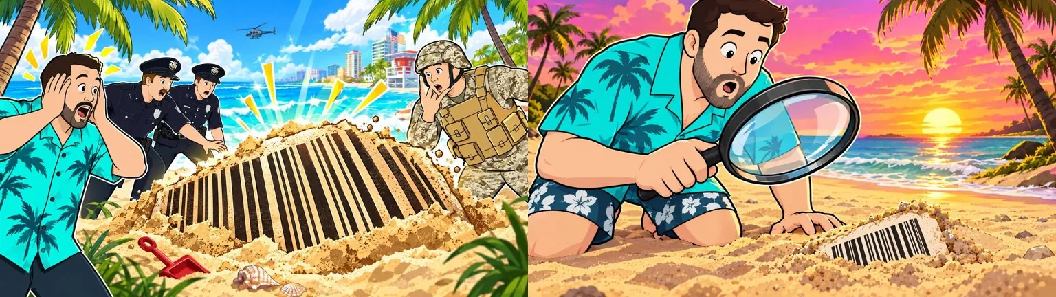 Two NimbleVid thumbnails without text showing a man on a beach with a barcode in the sand, police officers and a soldier