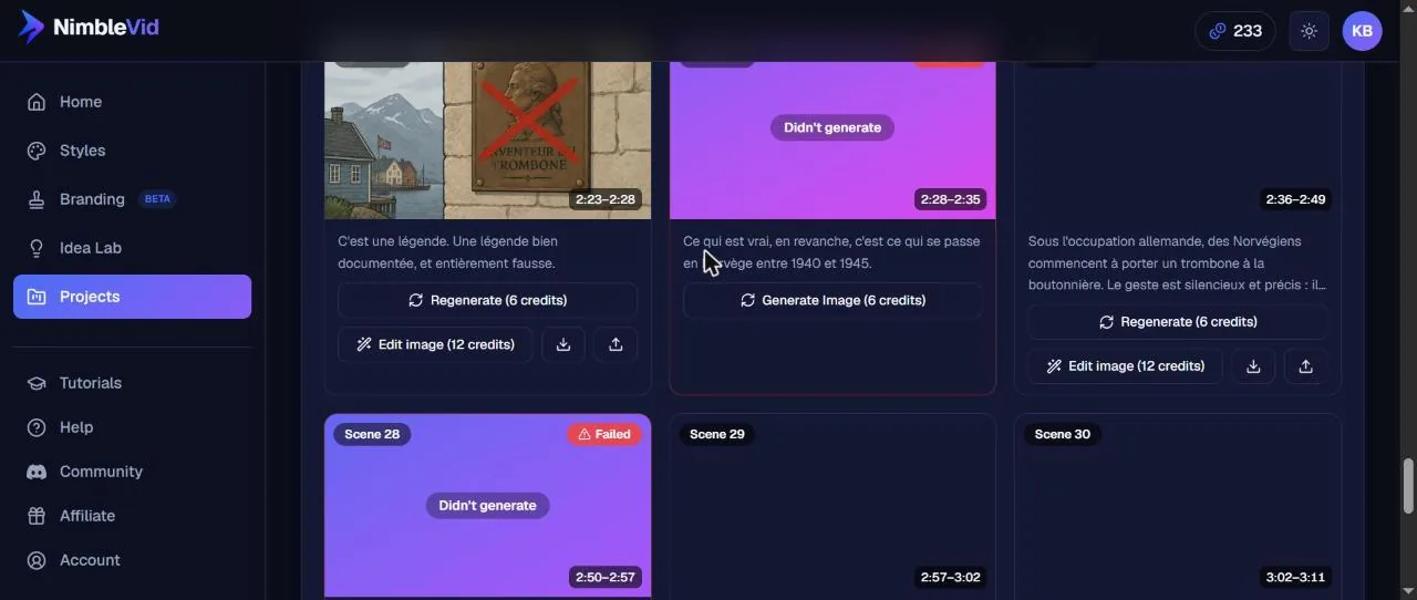 Two NimbleVid scenes marked Failed and Didn't generate with regenerate and edit image buttons