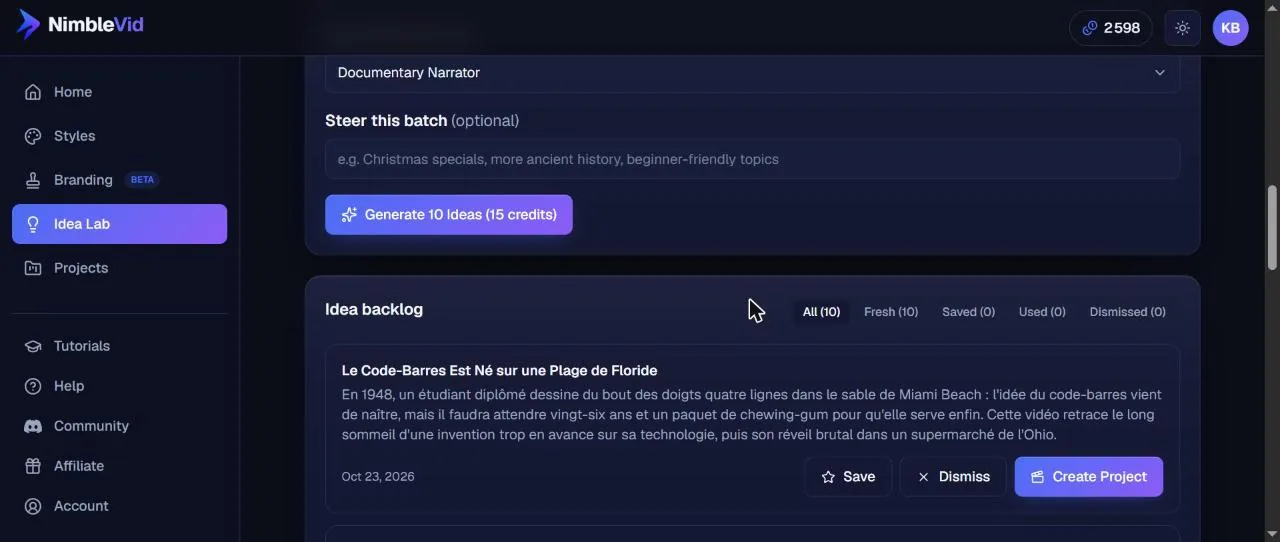 NimbleVid Idea Lab backlog with a generated video idea and Save, Dismiss and Create Project buttons