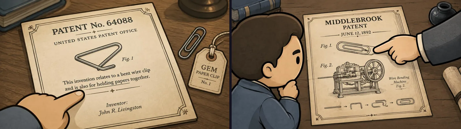 Two NimbleVid scenes with invented text: a patent naming a fictional inventor and a patent dated 1892 instead of 1899
