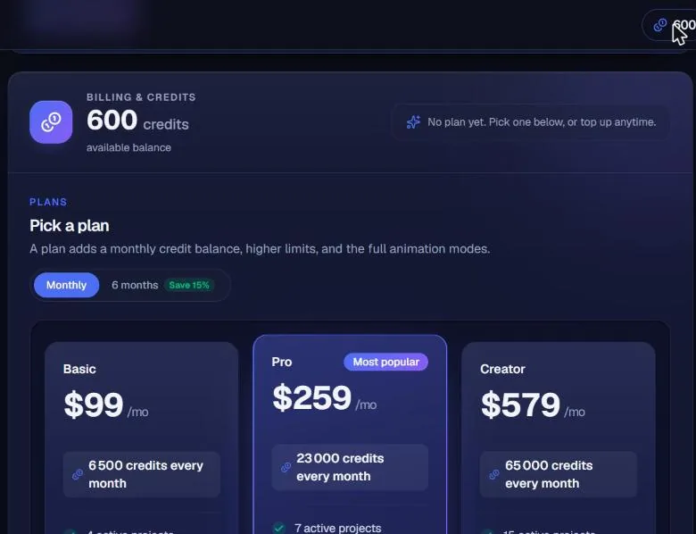 NimbleVid billing page in October 2026 with 600 credits available and the Basic, Pro and Creator plans