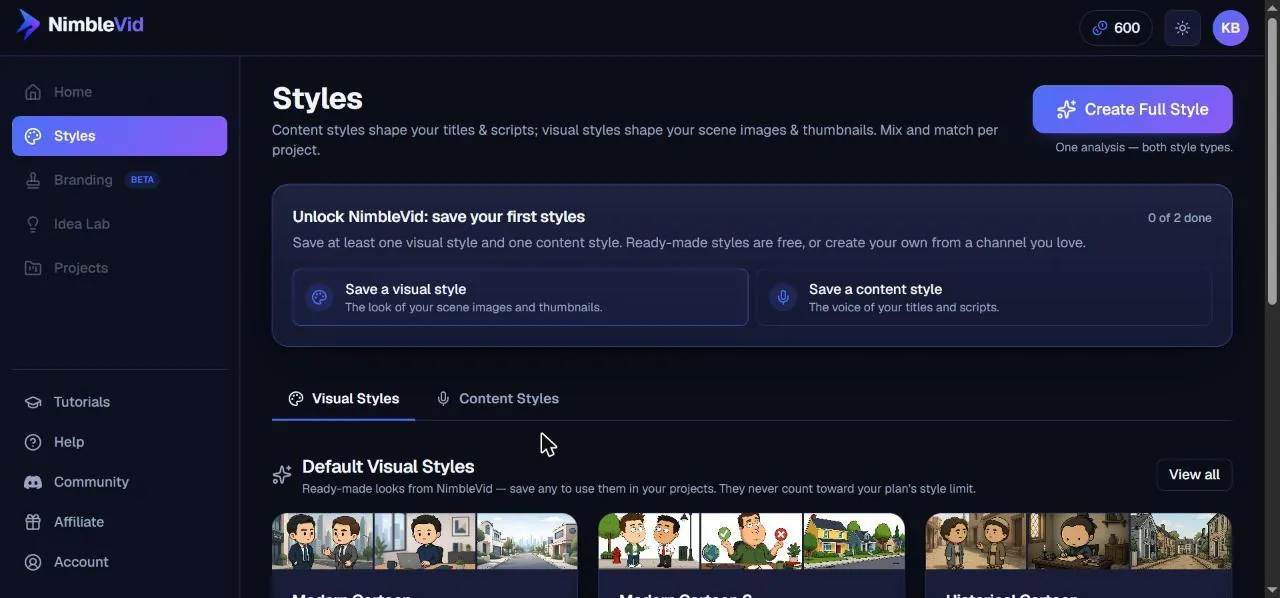 NimbleVid Styles page with ready-made visual styles and the Create Full Style button