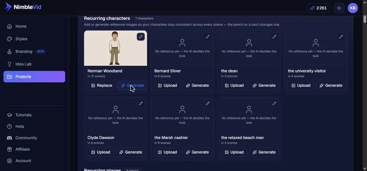 NimbleVid recurring characters panel listing seven characters detected in the barcode script, with Norman Woodland in 31 scenes