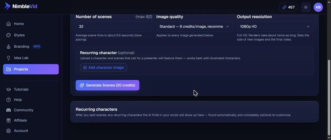 NimbleVid visuals tab set to 32 scenes, Standard image quality at 6 credits per image and 1080p HD output