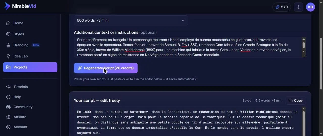 NimbleVid script tab with the 500-word setting, custom instructions and the generated 519-word script