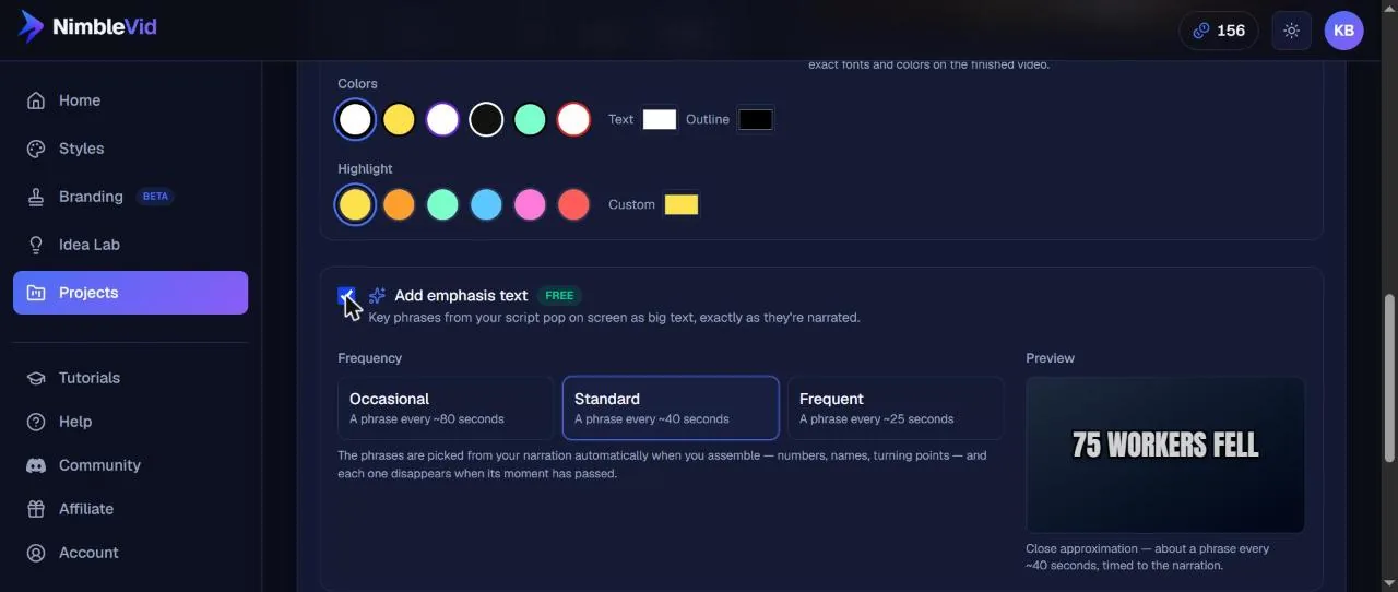 NimbleVid subtitle color settings and the free emphasis text option with frequency choices