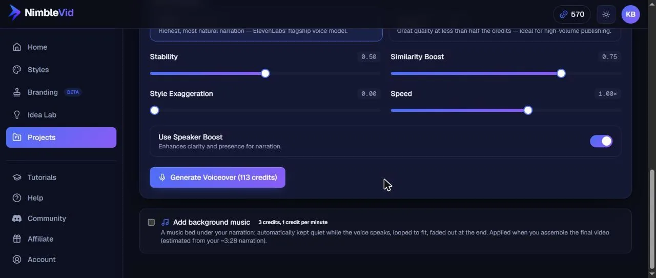 NimbleVid voiceover settings with the Generate Voiceover button at 113 credits and the background music option