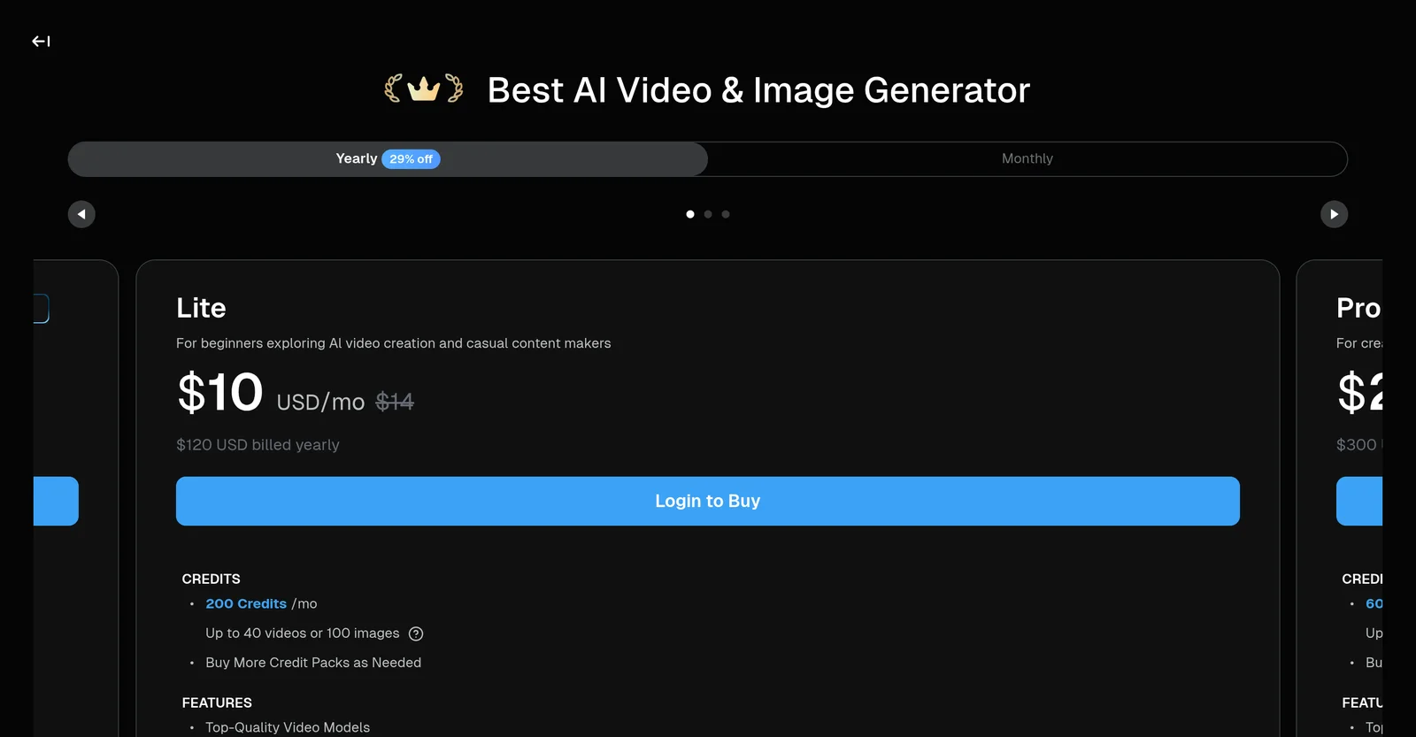 Deevid AI pricing page on October 22, 2026 showing the Yearly toggle with a 29% off badge and the Lite plan at $10 per month, $120 billed yearly