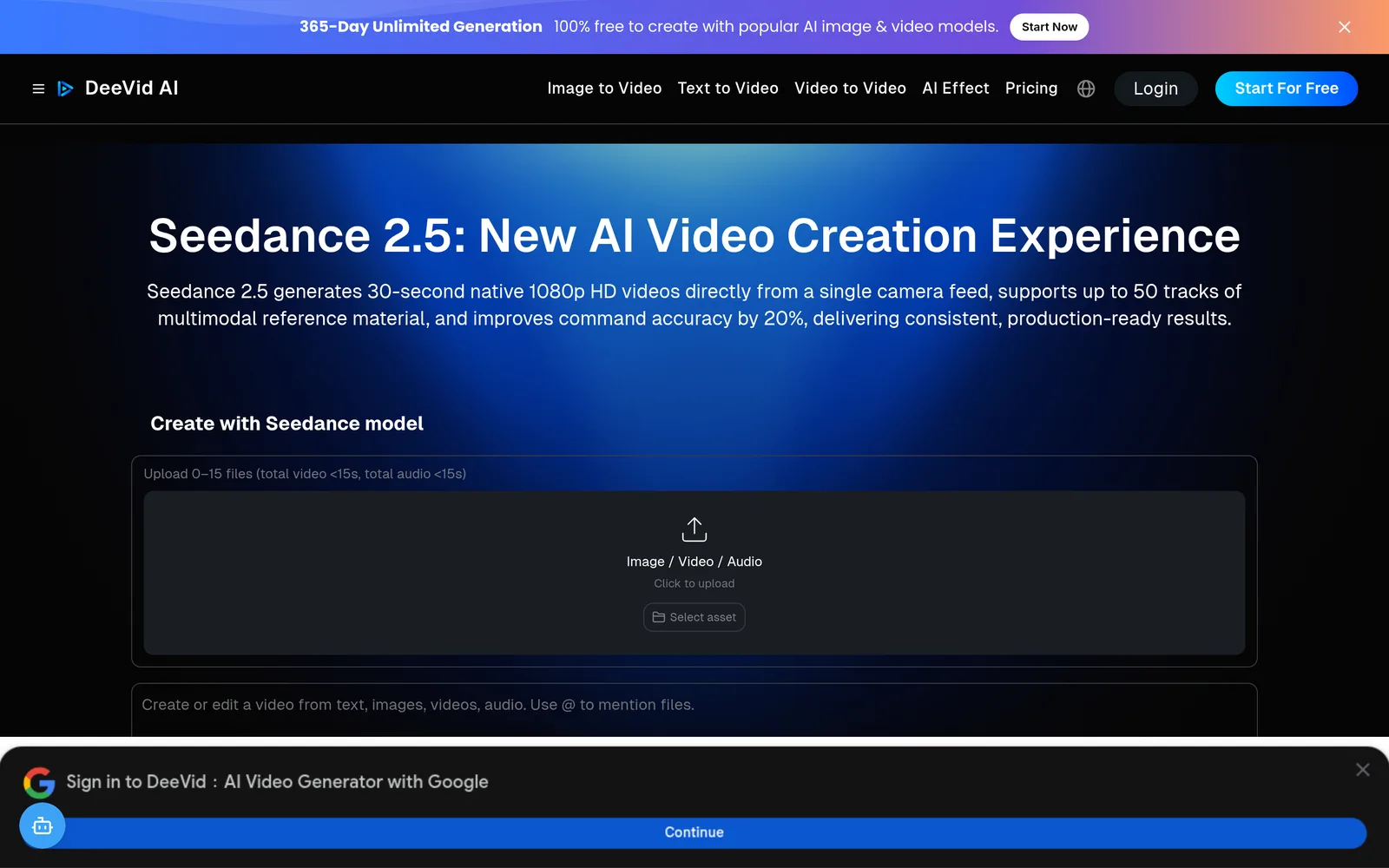Deevid AI's Seedance model page with the reference uploader and generation settings